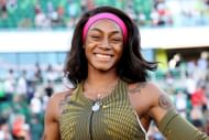 Sha'Carri Richardson poses after winning the women's 100m final at 2024 U.S. Olympic Team Track & Field Trials at Hayward Field on June 22, 2024 in Eugene, Oregon. (Photo by Patrick Smith/Getty Images)